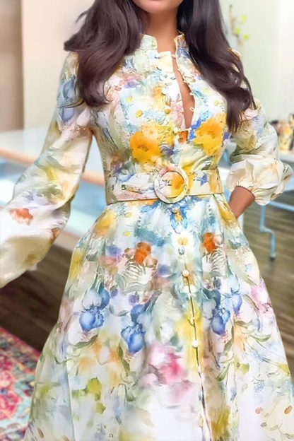 Elegant Floral Print Lantern Sleeve Dress