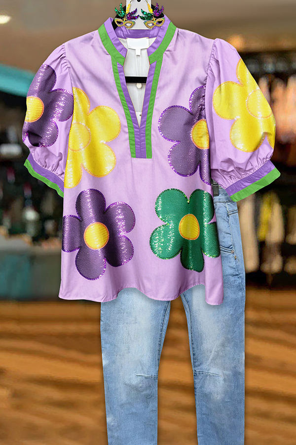 Mardi Gras Floral Puff Sleeve Blouse