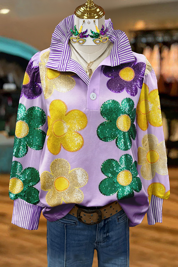 Mardi Gras Floral Stripe Blouse