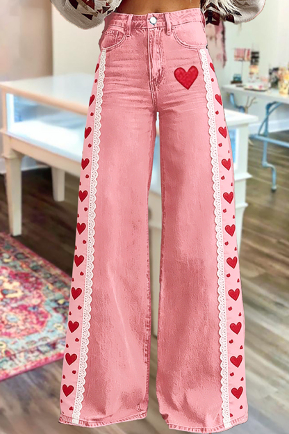 Sweet Valentine's Day Heart Wide-Leg Pants