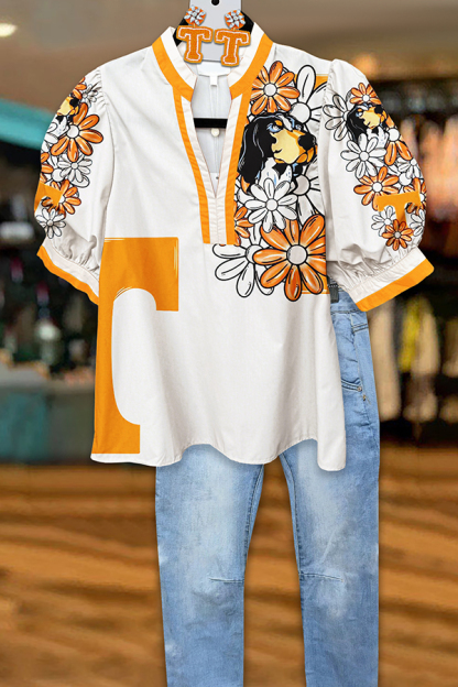 Cute Game Day Floral Puff Sleeve Blouse