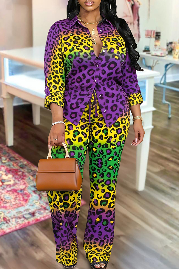 Mardi Gras Leopard Print Shirt And Pants Two-Piece Set