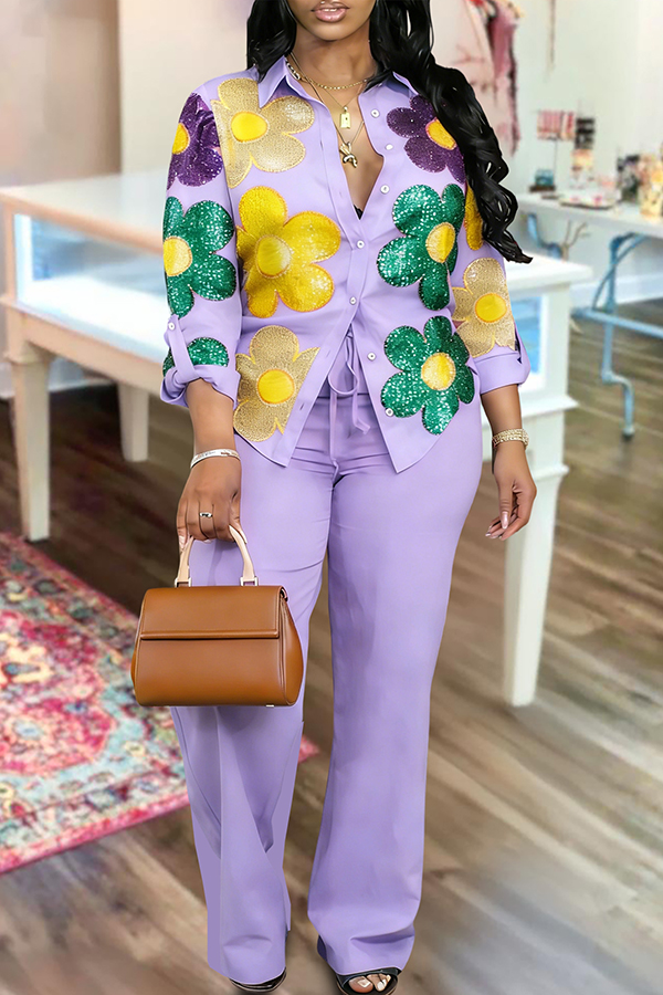 Mardi Gras Floral Print Blouse And Pants Two-Piece Set