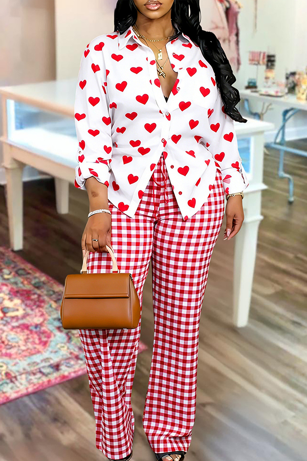Valentine's Day Heart Plaid Shirt And Pants Two-Piece Set