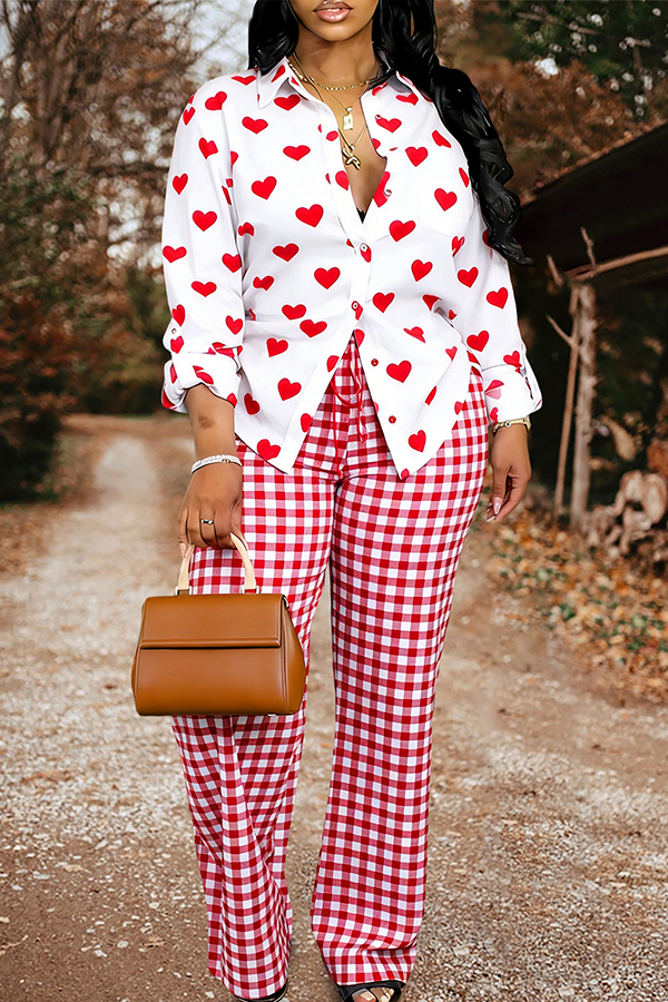 Valentine's Day Heart Plaid Shirt And Pants Two-Piece Set