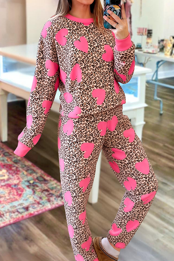 Valentine's Day Heart Leopard Print Top And Pants Two-Piece Set