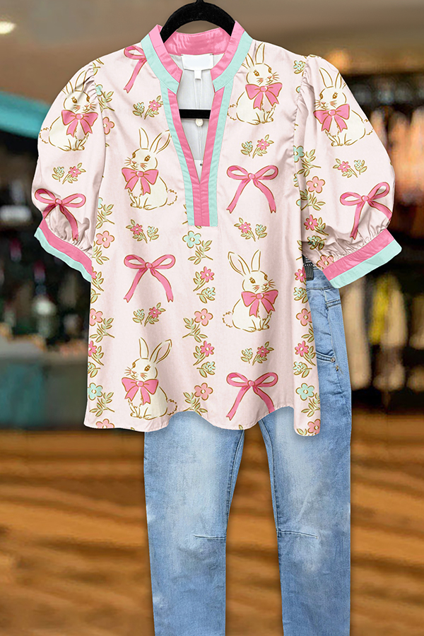 Cute Easter Bunny Bow Puff Sleeve Blouse
