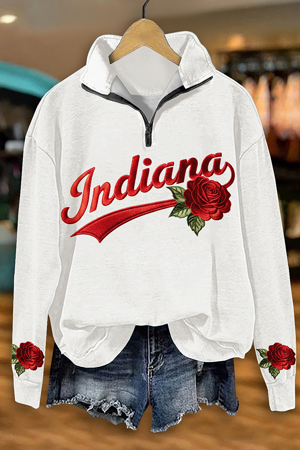 Game Day Red And White Rose Zipper Sweatshirt