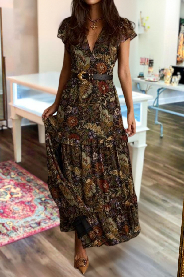 Vintage Floral V-Neck Chiffon Maxi Dress