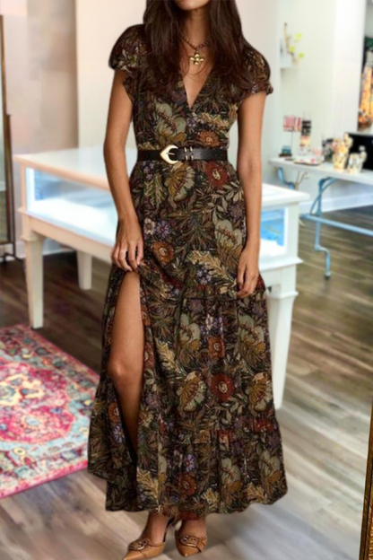 Vintage Floral V-Neck Chiffon Maxi Dress