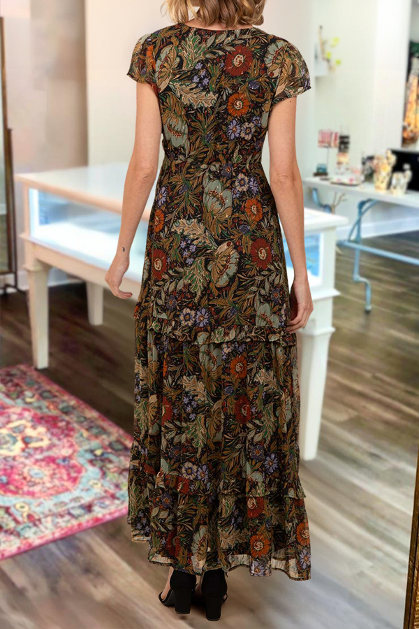 Vintage Floral V-Neck Chiffon Maxi Dress