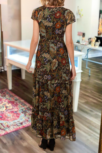 Vintage Floral V-Neck Chiffon Maxi Dress
