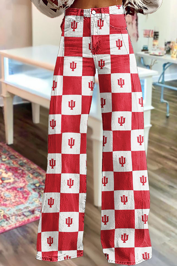 Game Day Red And White Checkerboard Wide-Leg Pants