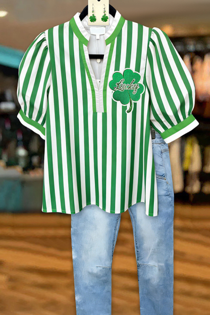 St. Patrick's Day Lucky Stripe Puff Sleeve Blouses