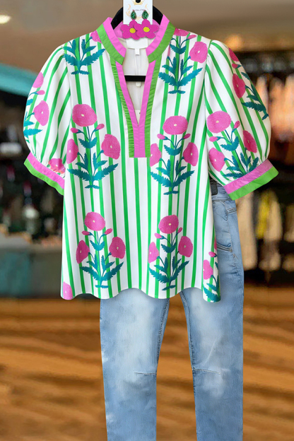Fresh Striped Floral Puff Sleeve Blouses