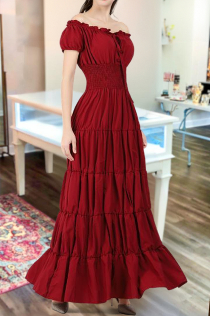 Vintage Ruffled Drawstring Maxi Dress