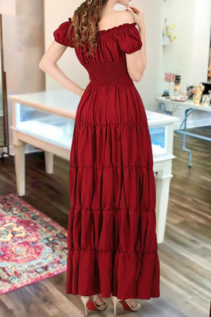 Vintage Ruffled Drawstring Maxi Dress