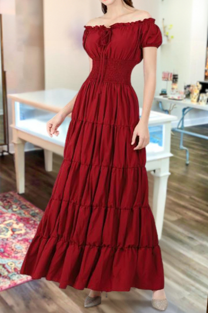 Vintage Ruffled Drawstring Maxi Dress