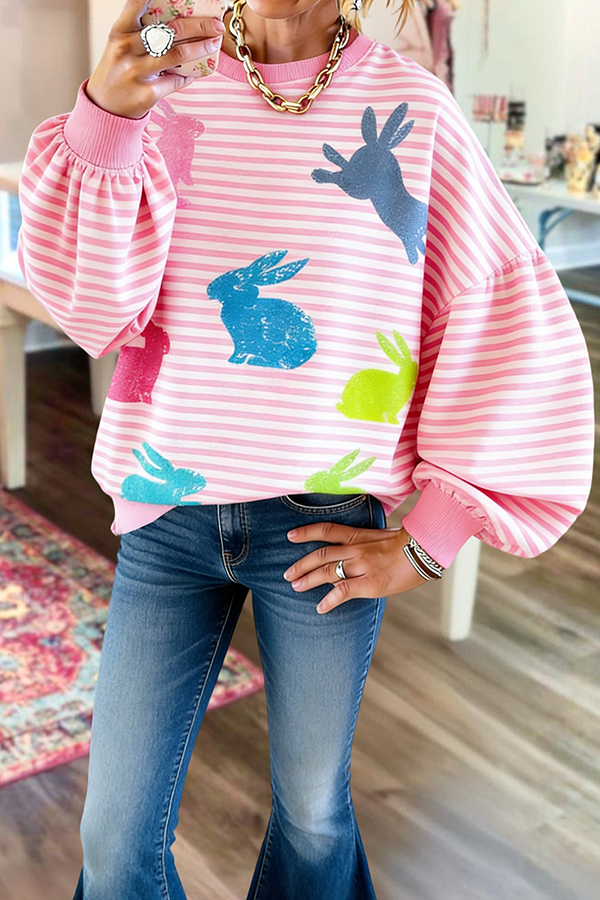 Easter Bunny Striped Lantern Sleeve Sweatshirt