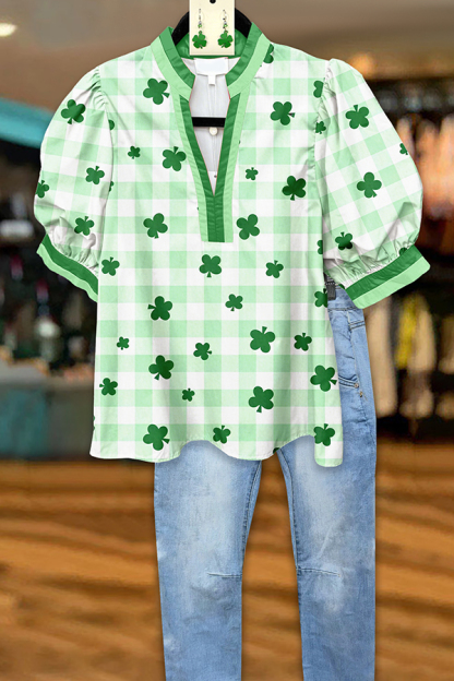 St. Patrick's Day Plaid Puff Sleeve Blouses