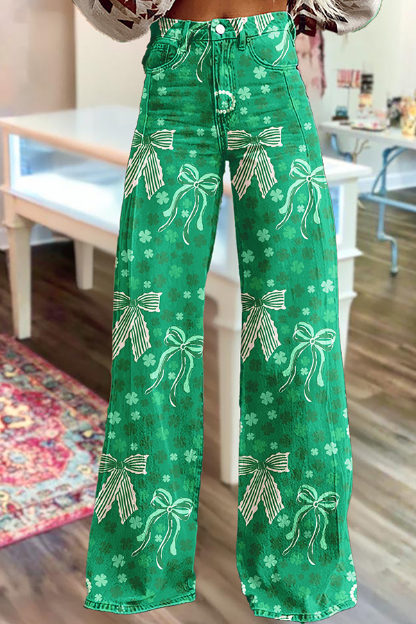 St. Patrick's Day Bowknot Wide Leg Pants