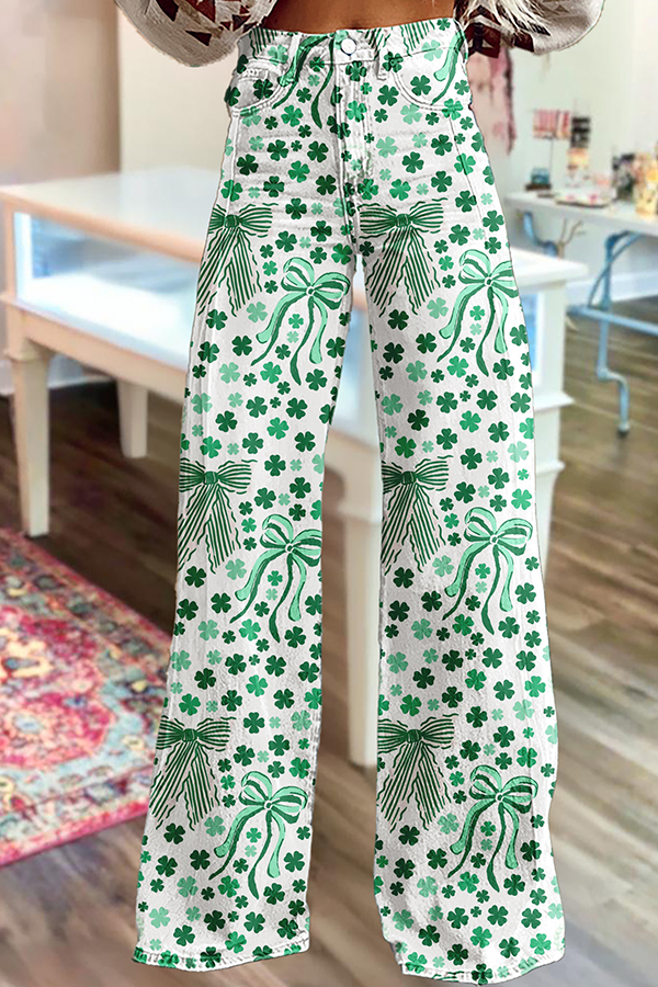 St. Patrick's Day Bowknot Wide Leg Pants