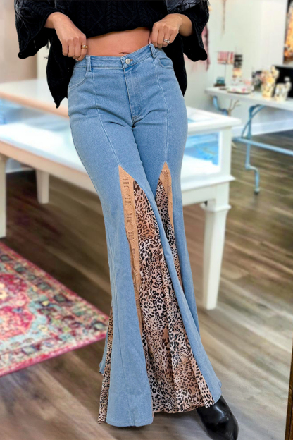 Classic Leopard Print Patchwork Denim Flare Pants