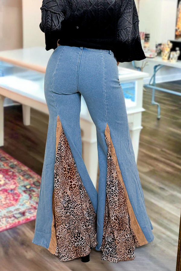 Classic Leopard Print Patchwork Denim Flare Pants