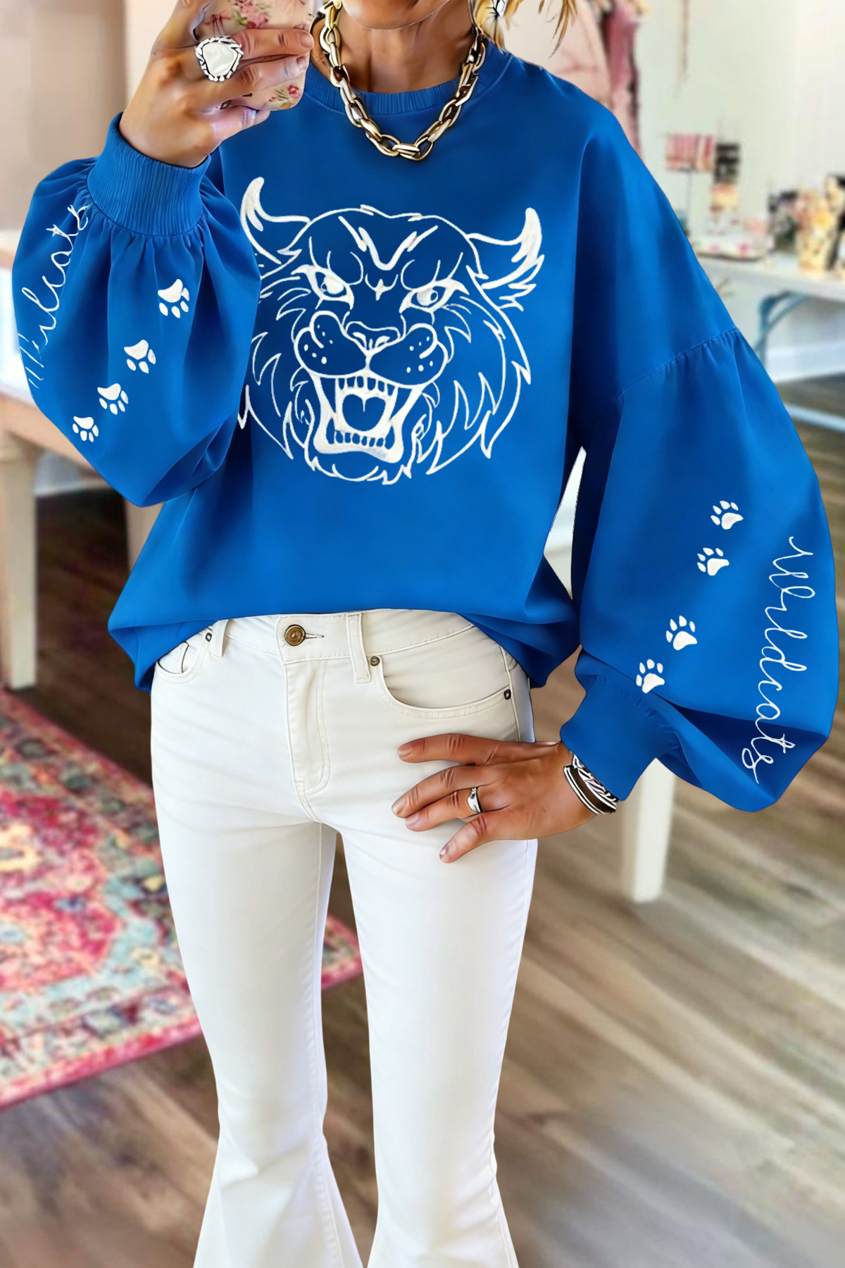 Game Day Blue And White Cats Lantern Sleeve Sweatshirt