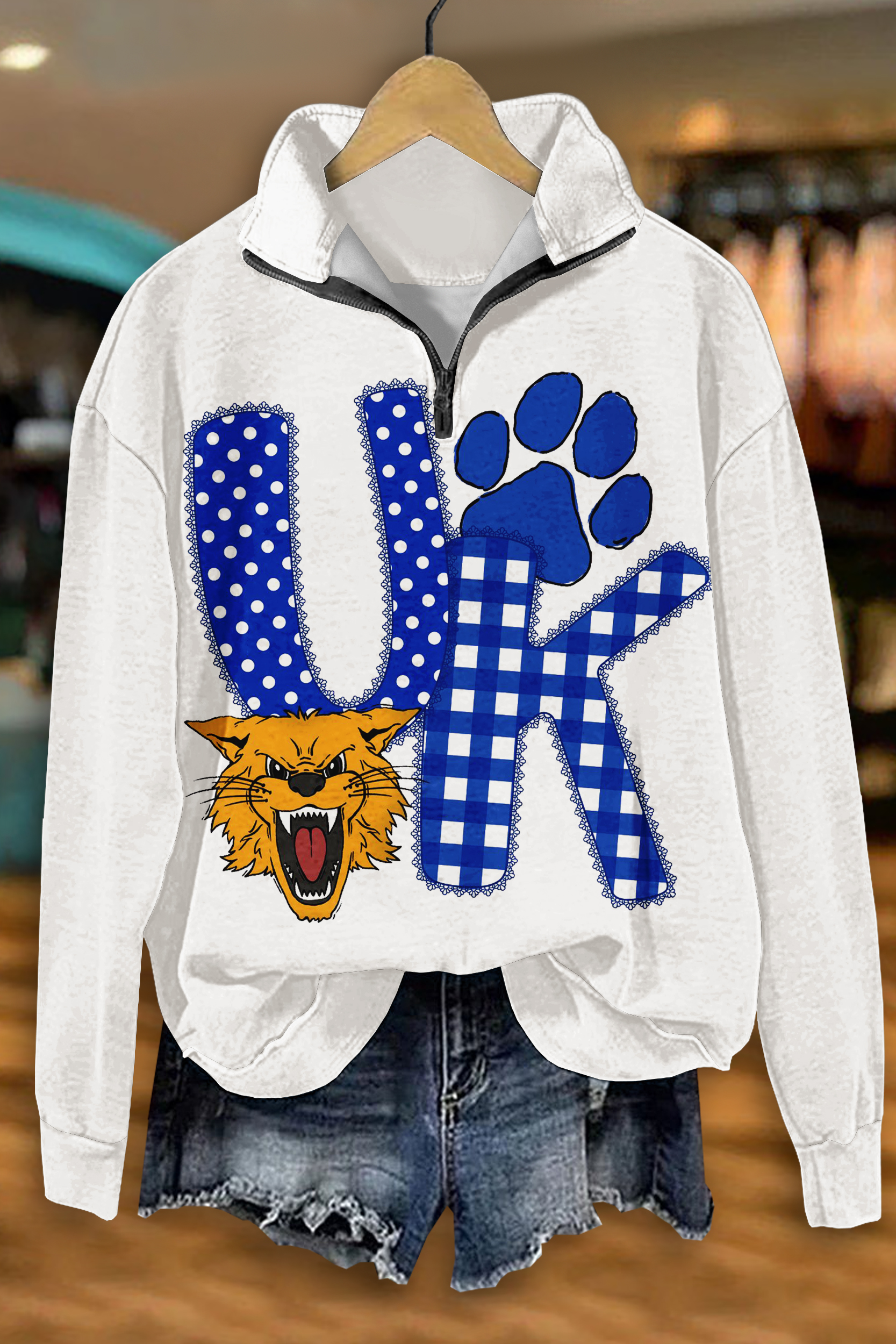 Game Day Blue And White Cats Zipper Sweatshirt