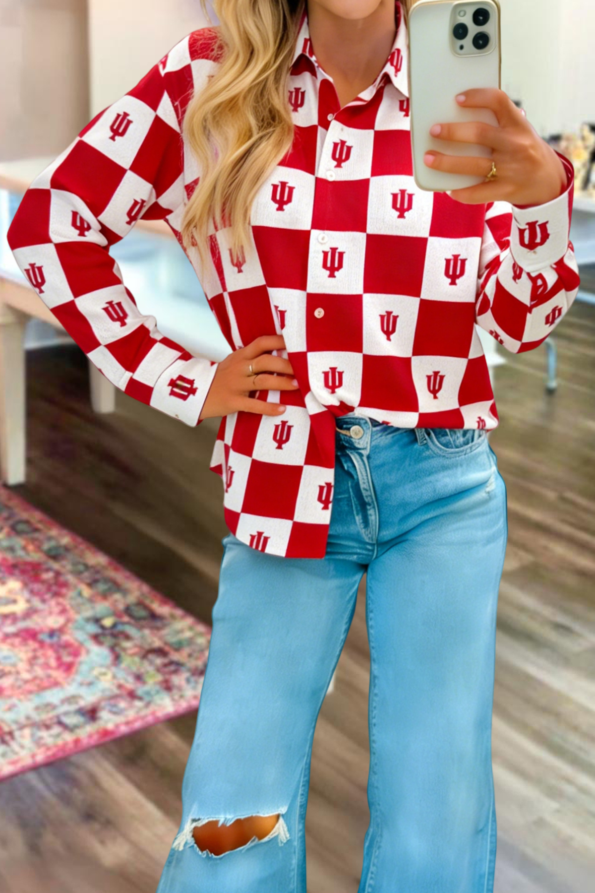 Classic Red And White Game Day Printed Long Sleeve Blouses