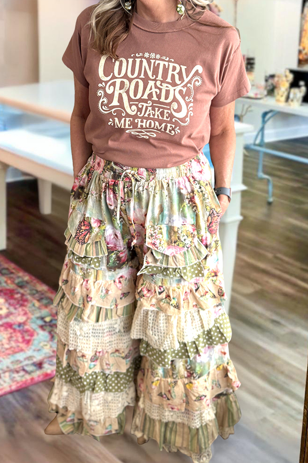 Fresh Polka Dot Floral Ruffle Long Pants