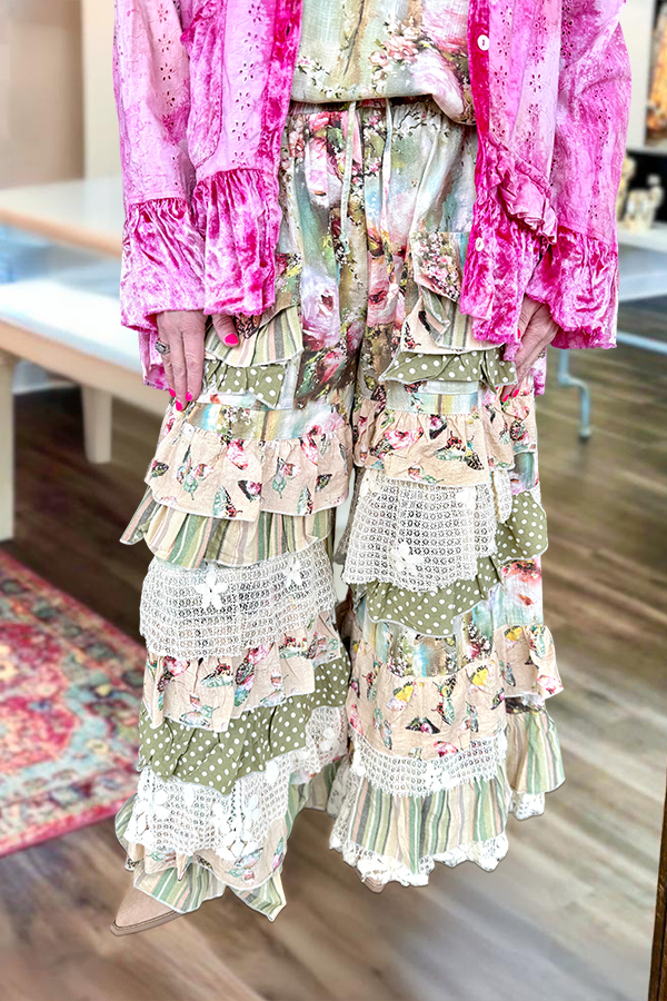 Fresh Polka Dot Floral Ruffle Long Pants