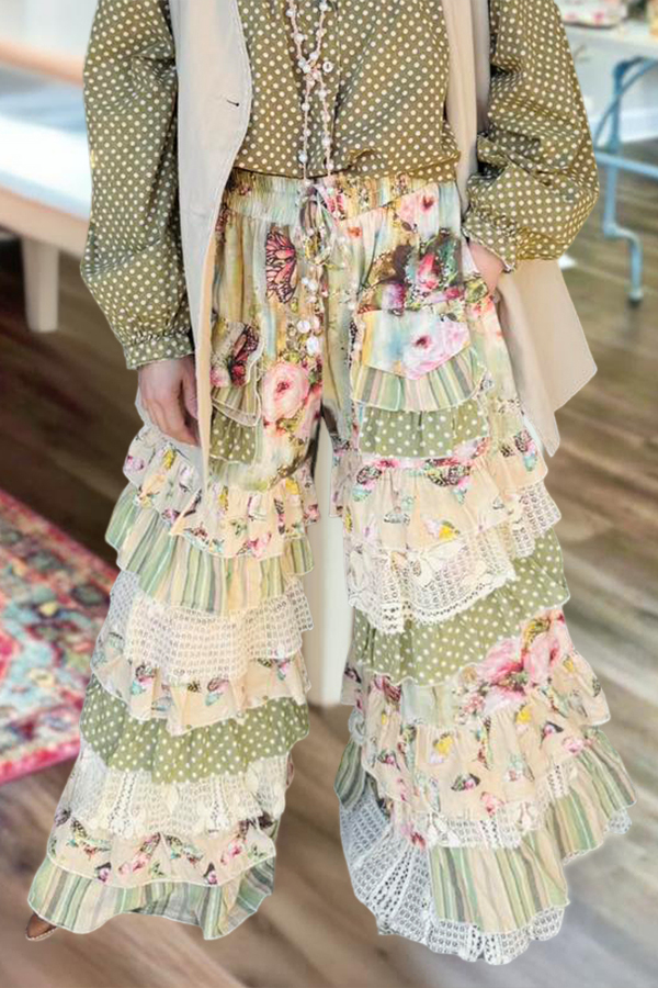 Fresh Polka Dot Floral Ruffle Long Pants