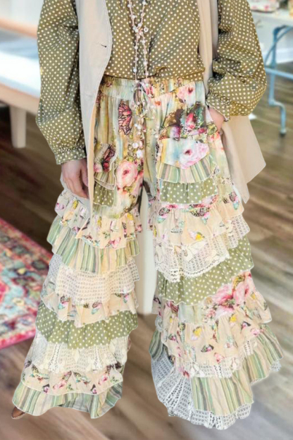 Fresh Polka Dot Floral Ruffle Long Pants