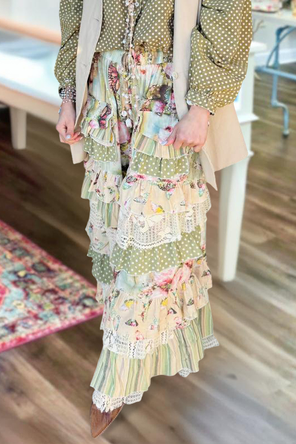 Fresh Polka Dot Floral Ruffle Long Pants