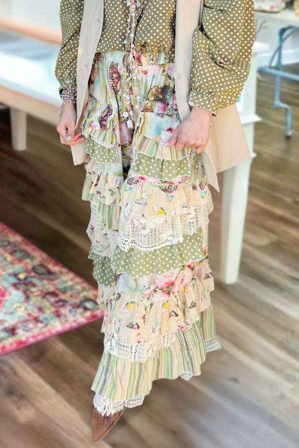 Fresh Polka Dot Floral Ruffle Long Pants