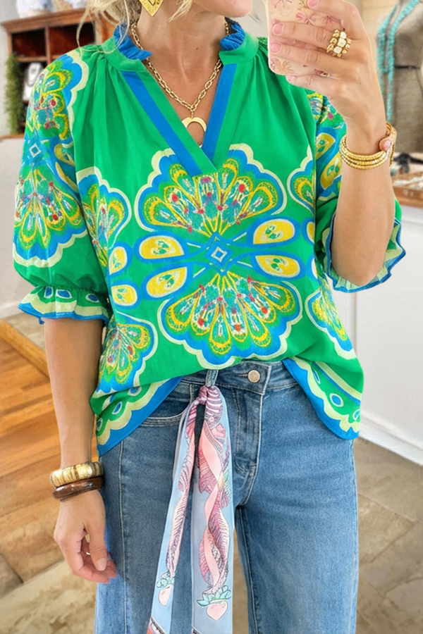 Colorful Abstract Print V-Neck Blouse