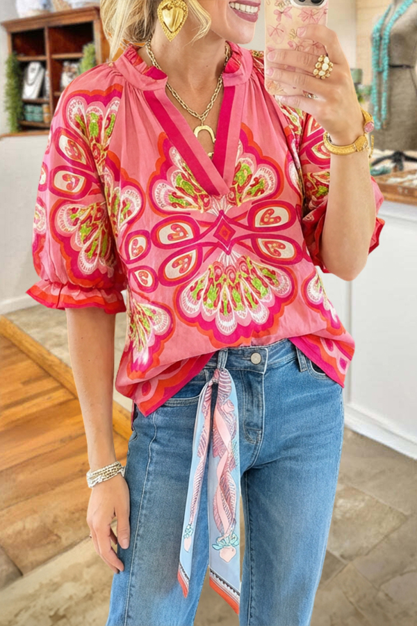 Colorful Abstract Print V-Neck Blouse