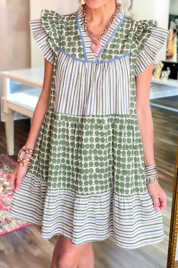 Striped Polka Dot Flutter Sleeve Dress