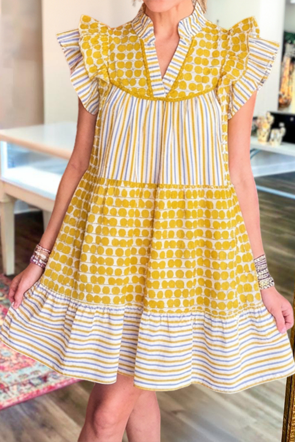 Women's dress | Striped Polka Dot Flutter Sleeve Dress |website-mywesternoutfit