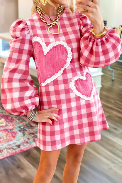 Galentine's Day Party Heart Plaid Puff Sleeve Sweatshirt Dress