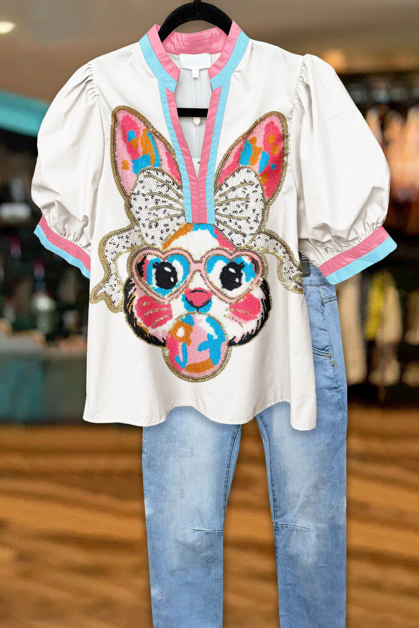 Women's blouse | Cute Easter Bunny Puff Sleeve Blouses |mywesternoutfit