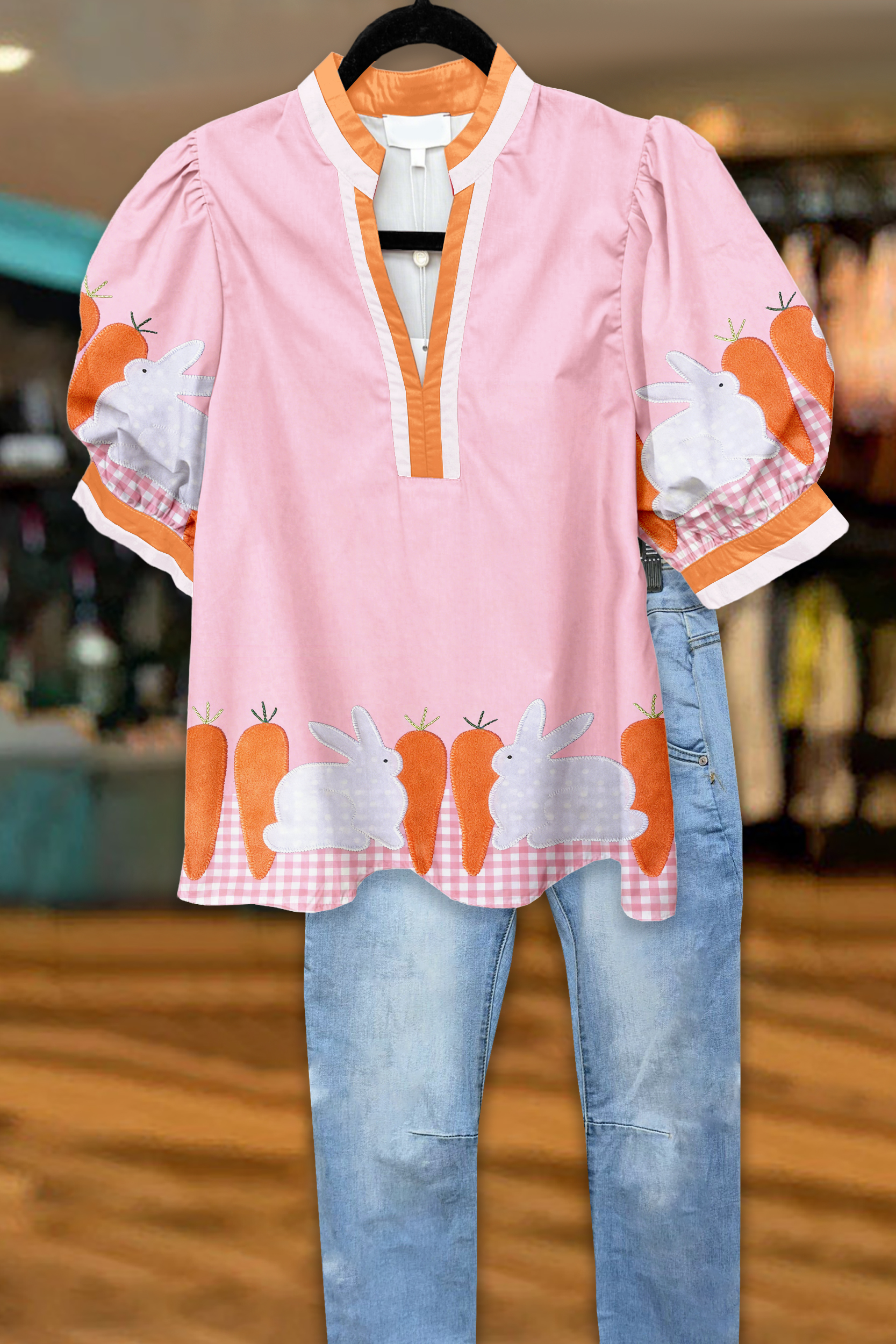 Cute Easter Bunny Carrot Puff Sleeve Blouses