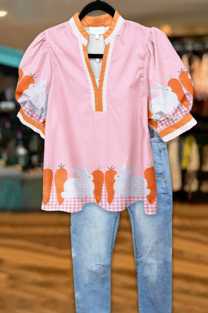 Cute Easter Bunny Carrot Puff Sleeve Blouses