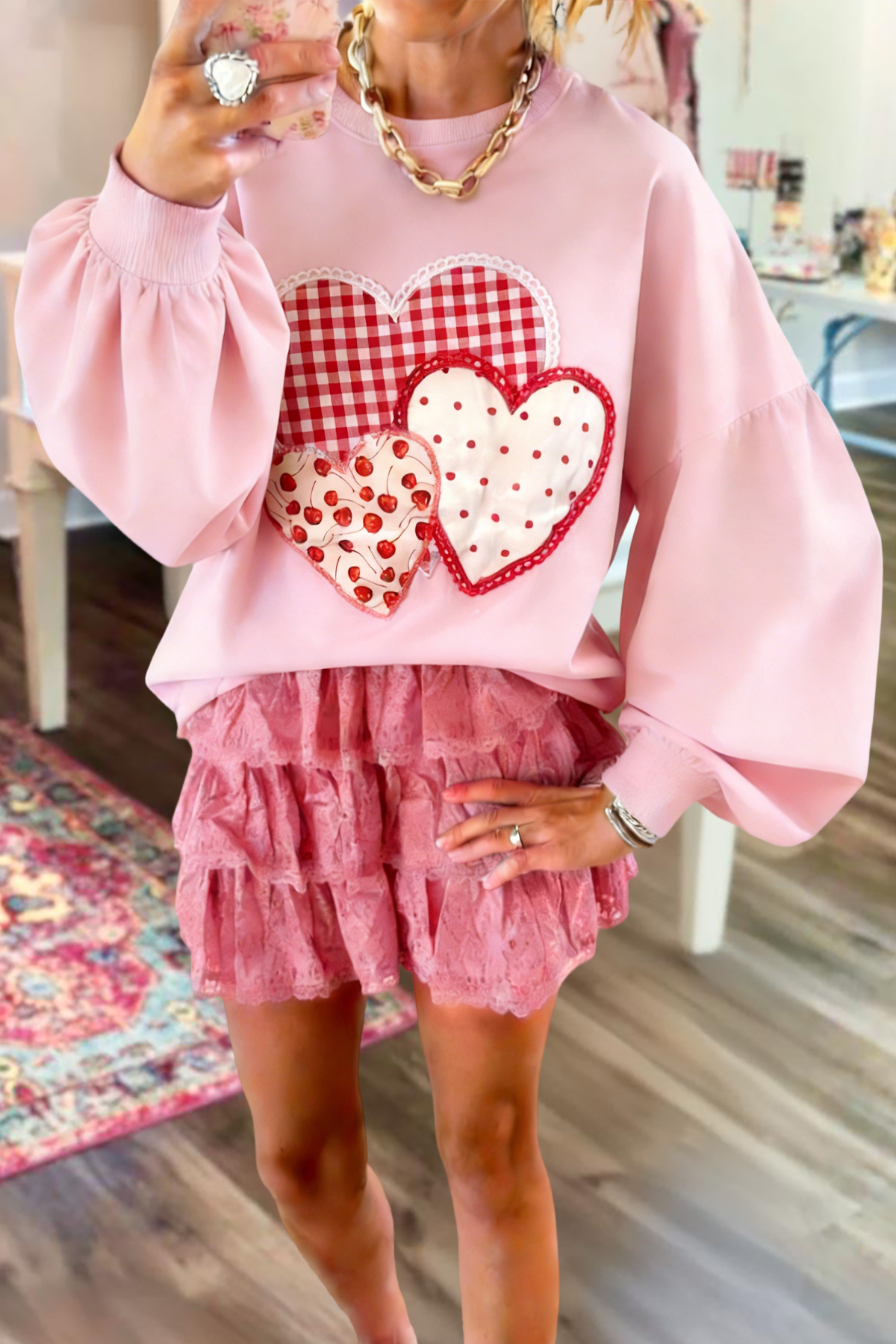 Cute Heart Galentine's Day Party Lantern Sleeve Sweatshirt