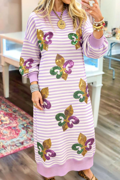 Mardi Gras Striped Long Sweatshirt Dress