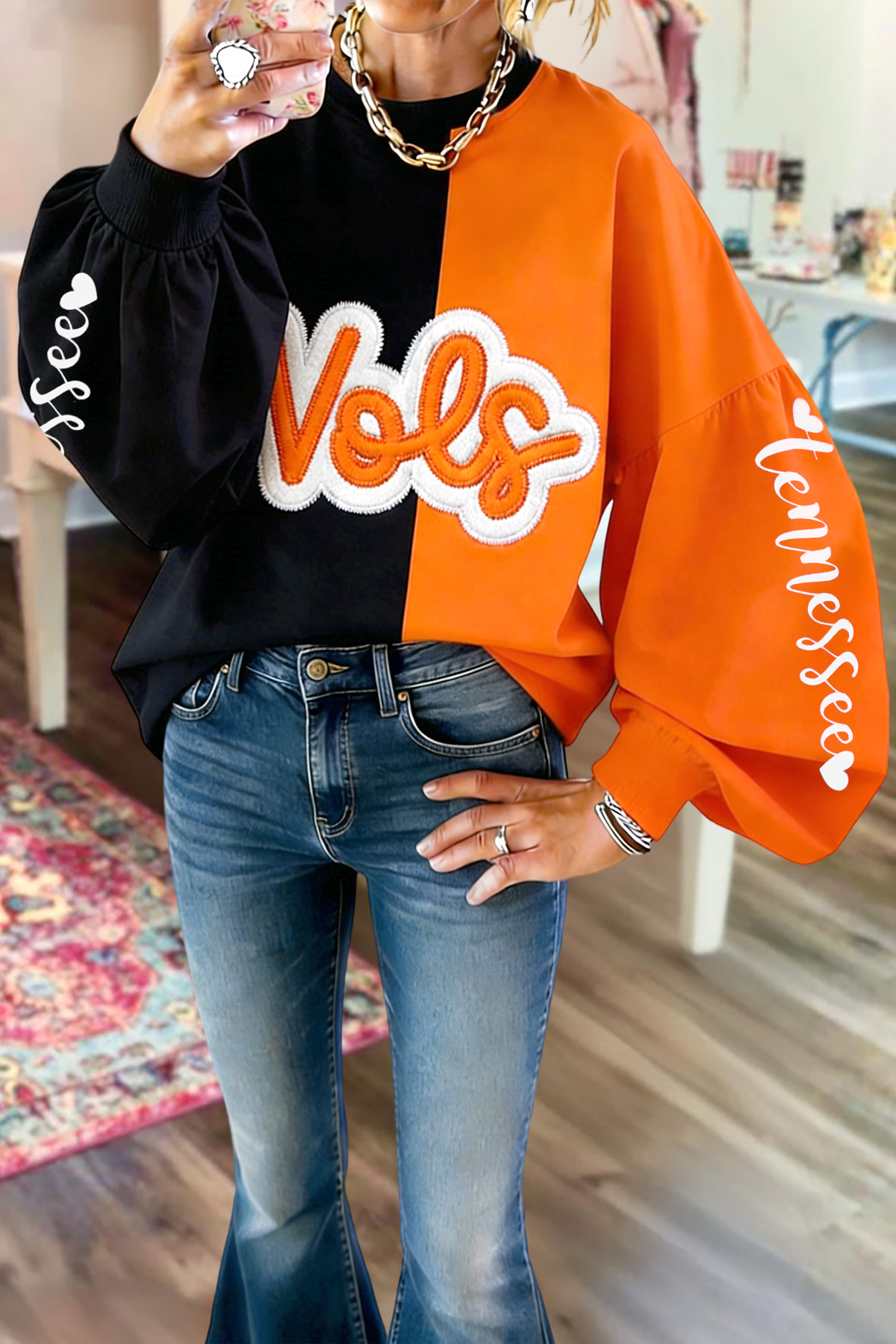 Casual Game Day Color Block Lantern Sleeve Sweatshirt