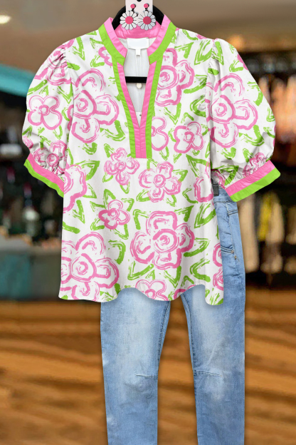 Fresh Floral Puff Sleeve Blouses