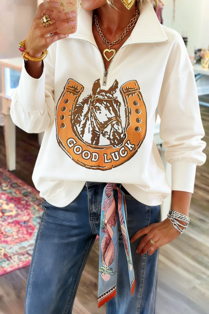 Western Horse Horseshoe Zipper Sweatshirt
